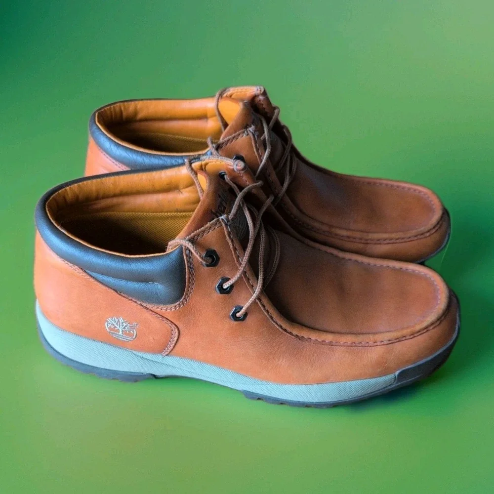 Timberland Boots Mens 13M Orange Leather Moc Toe Chukka Lug Sole 29047 7522 GUC